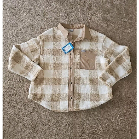 Columbia Women's West Bend Button-Up Fuzzy Shirt Jacket, Sand, Size XL - Picture 1 of 4